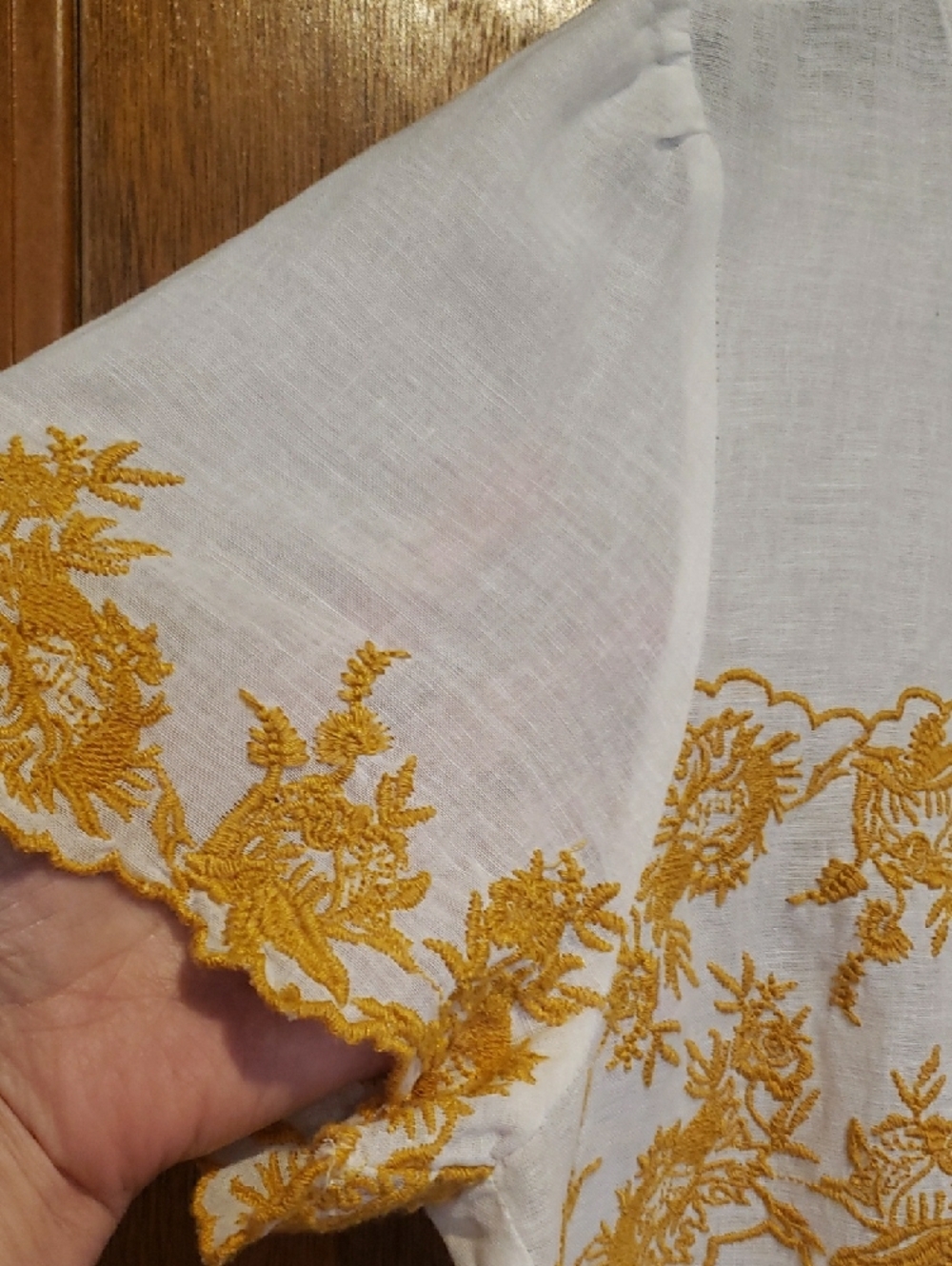 LOFT Linen/Cotton Textured White Top with Mustard Floral Embroidery - Picture 3 of 8